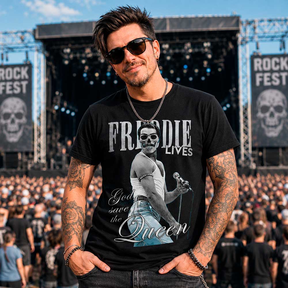 Camiseta «Freddie Lives» – Parodia rockera para Hombre, Mujer y Niño
