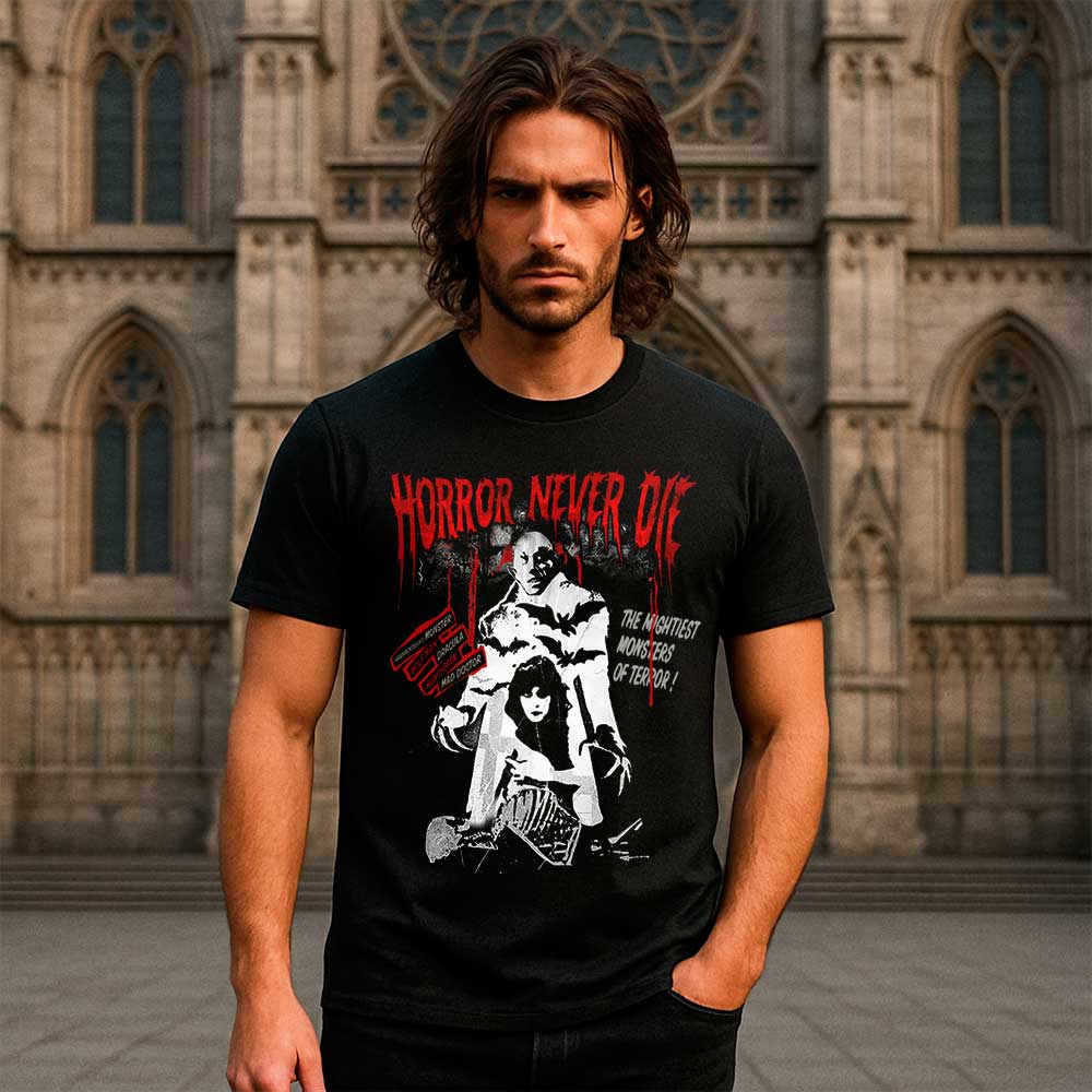 Camiseta de Terror «Horror Never Die» hombre, mujer y niño