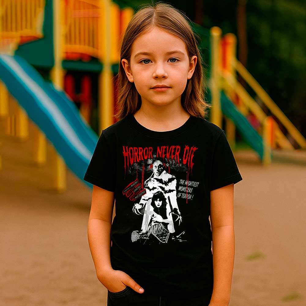 Camiseta de Terror «Horror Never Die» hombre, mujer y niño