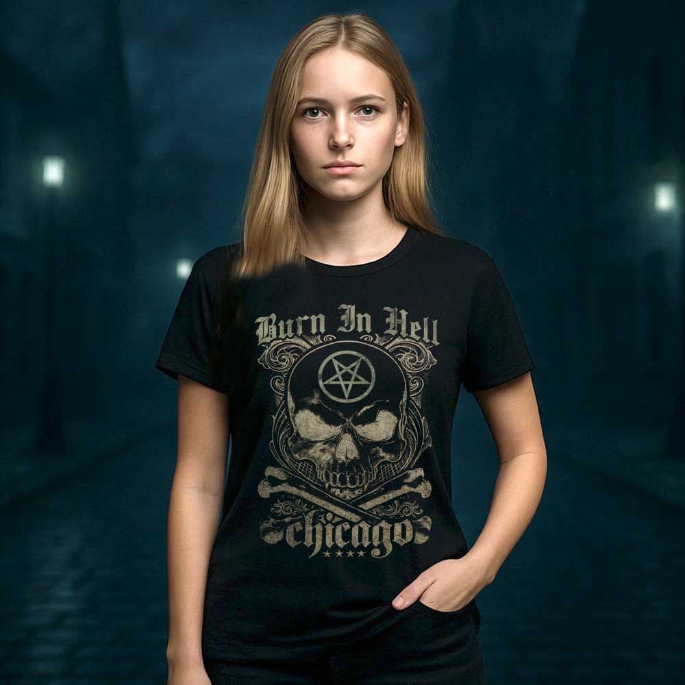 Camiseta de calaveras «BURN IN HELL» hombre, mujer y niño