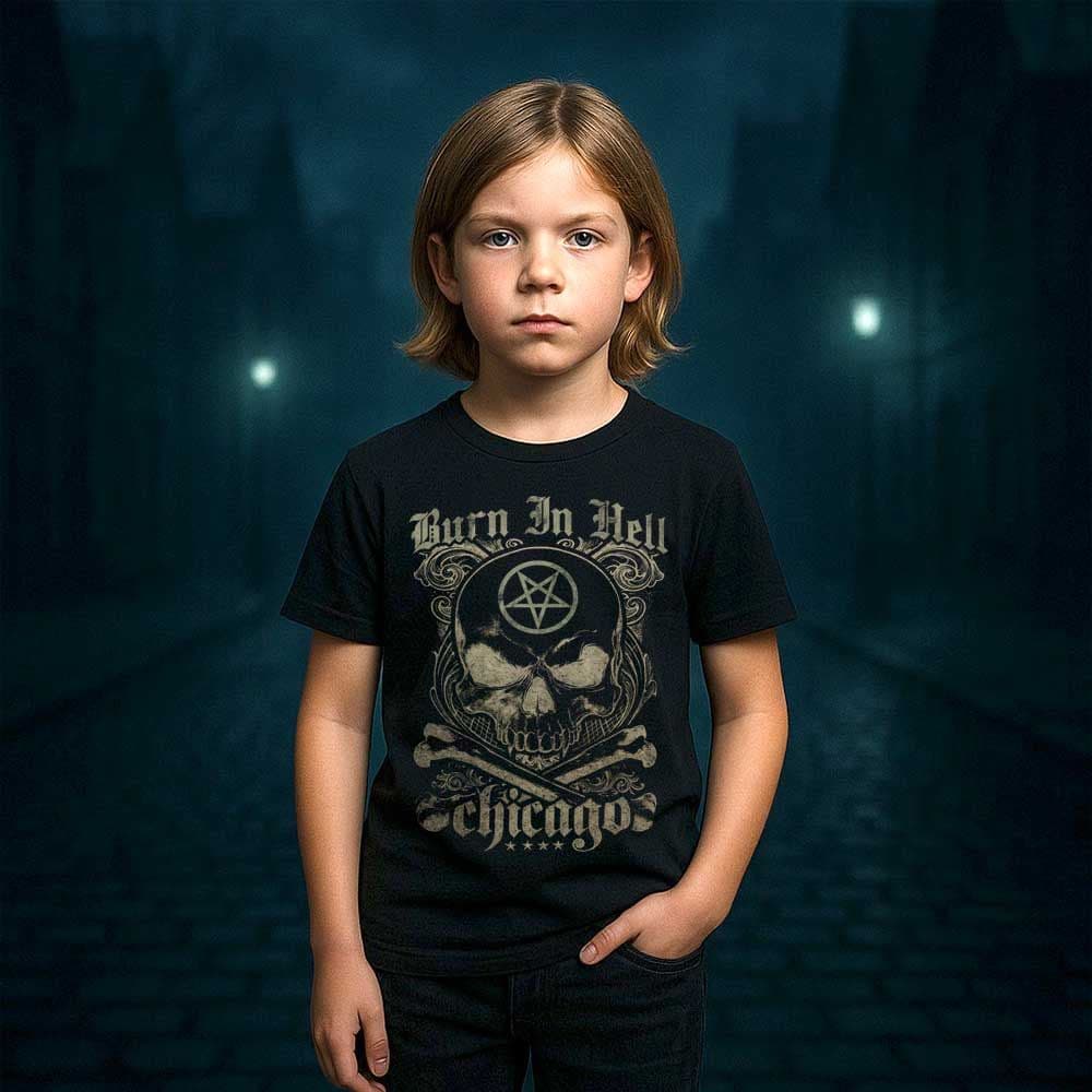 Camiseta de calaveras «BURN IN HELL» hombre, mujer y niño
