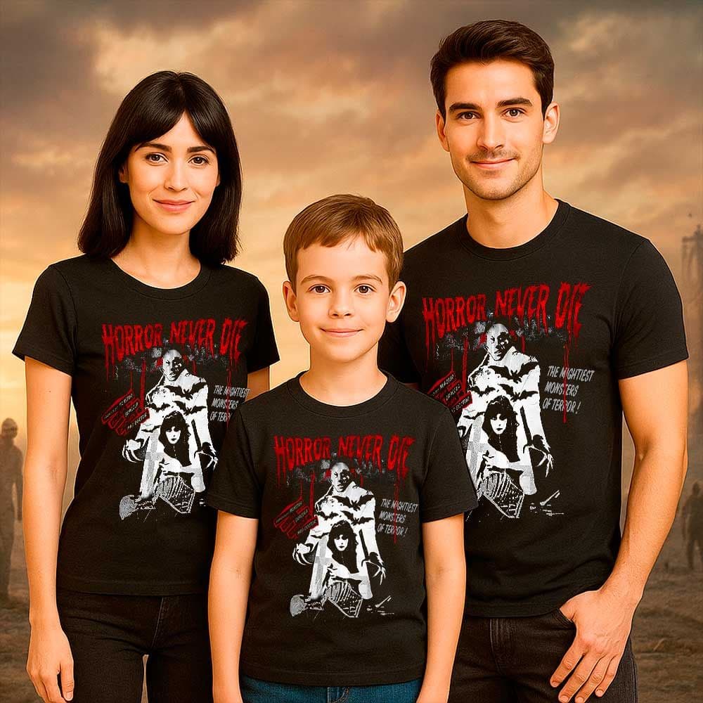 Camiseta de Terror «Horror Never Die» hombre, mujer y niño