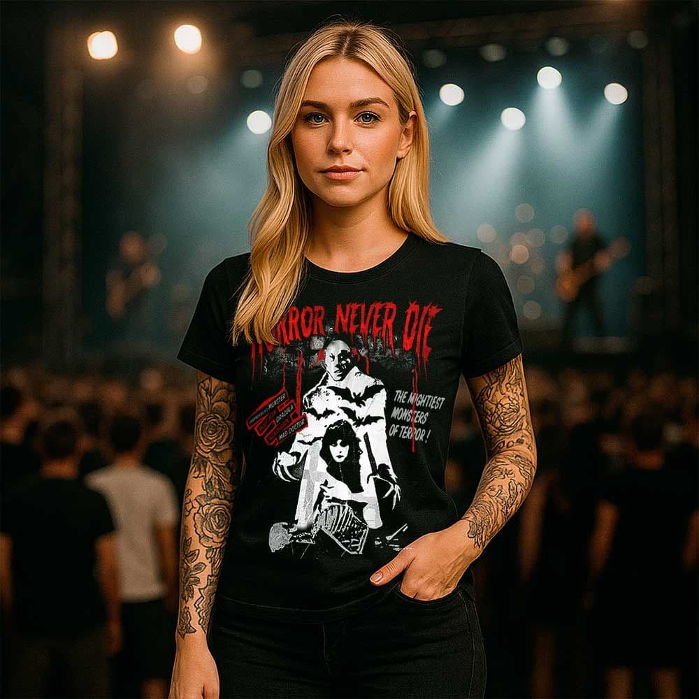 Camiseta de Terror «Horror Never Die» hombre, mujer y niño